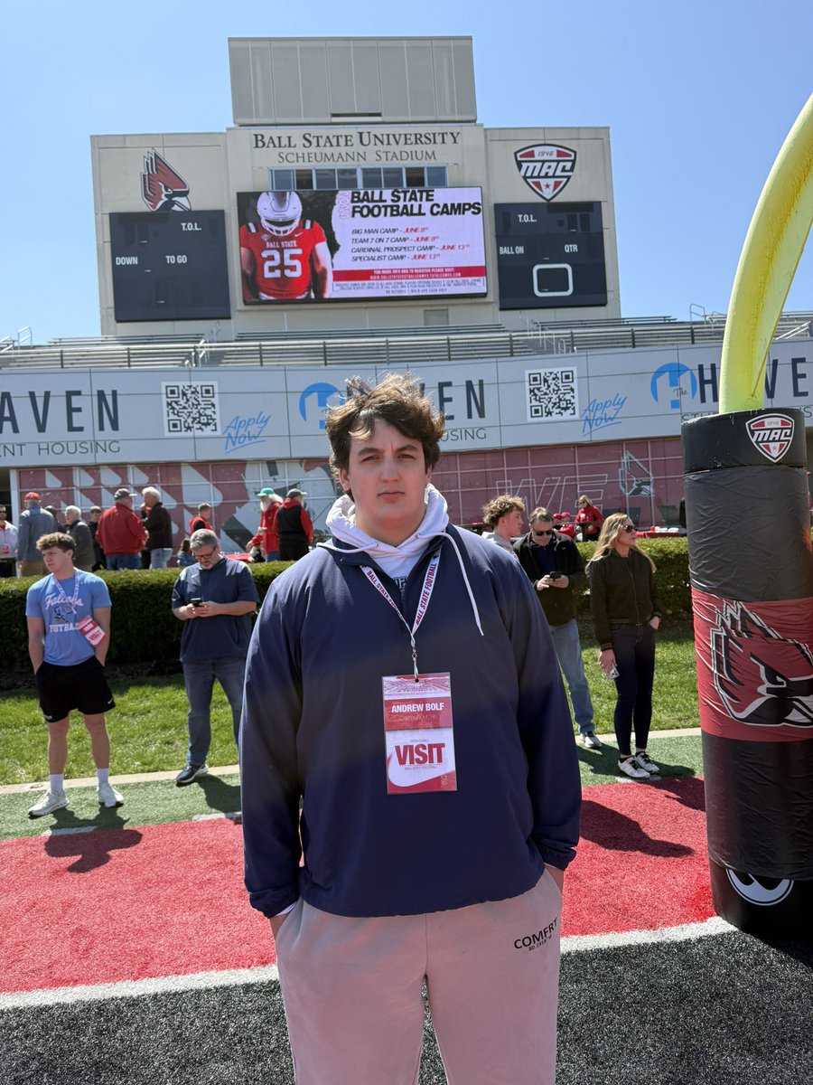 BolfAndy's tweet photo. Thank you @BallStateFB for having me out today! Had a great time and it was good to hear some pads hitting. Thanks Coaches @Coach_ABarr @CoachU_BSU @Coach_MJBunch 

@CGTrojanFB @akantecki @PrepRedzoneIL @NWHPreps https://t.co/wUcgcN73SD