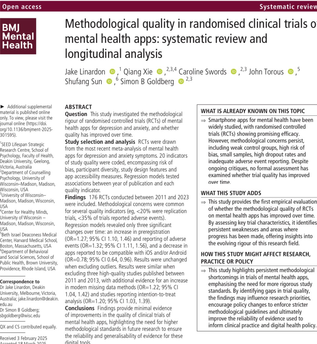 Jake Linardon (@j_linardon) on Twitter photo Has the quality of clinical trials of mental health apps improved over time? Not really, but we offer promising paths forward - mentalhealth.bmj.com/content/28/1/e…
<a href="/SGoldbergPhD/">Simon Goldberg, PhD</a> <a href="/JohnTorousMD/">John Torous, MD MBI</a> <a href="/shufangsun/">Shufang Sun, Ph.D.</a> Has the quality of clinical trials of mental health apps improved over time? Not really, but we offer promising paths forward - mentalhealth.bmj.com/content/28/1/e…
<a href="/SGoldbergPhD/">Simon Goldberg, PhD</a> <a href="/JohnTorousMD/">John Torous, MD MBI</a> <a href="/shufangsun/">Shufang Sun, Ph.D.</a>