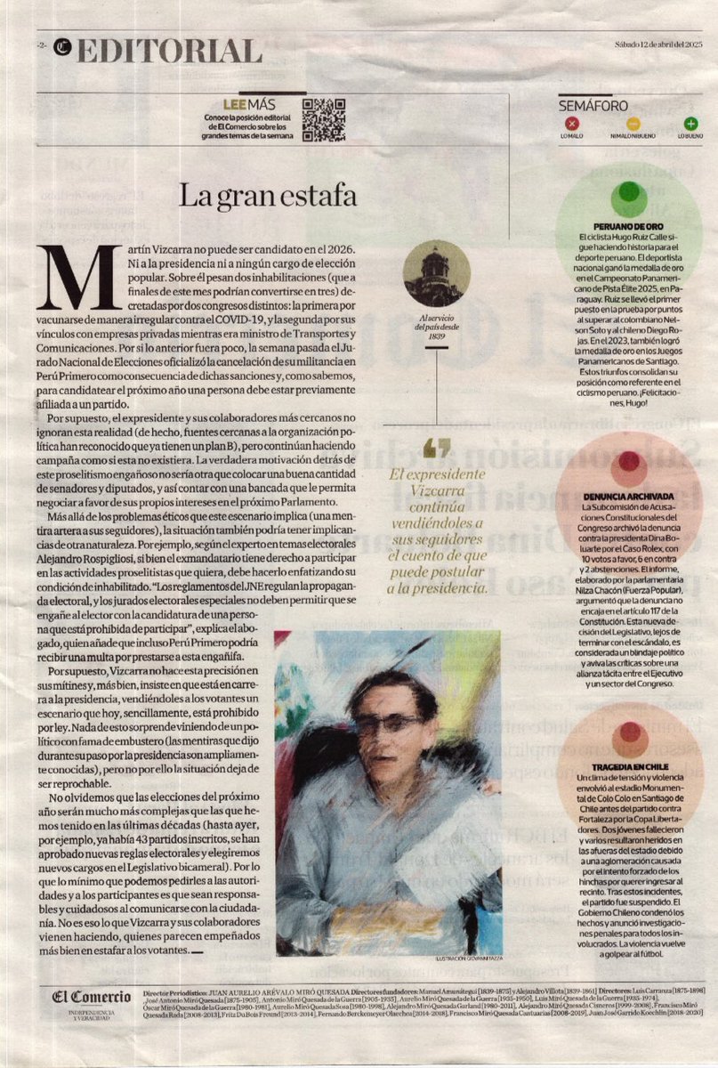 Editorial de El Comercio se titula La Gran Estafa. Debió titularse "Vizcarra El Gran Estafador". En efecto, lagarto Vizcarra pese a estar inhabilitado (impedido) para postular para Presidente,senador o diputado sigue en campaña como si pudiera postular.
!Sinvergüenza y cínico!