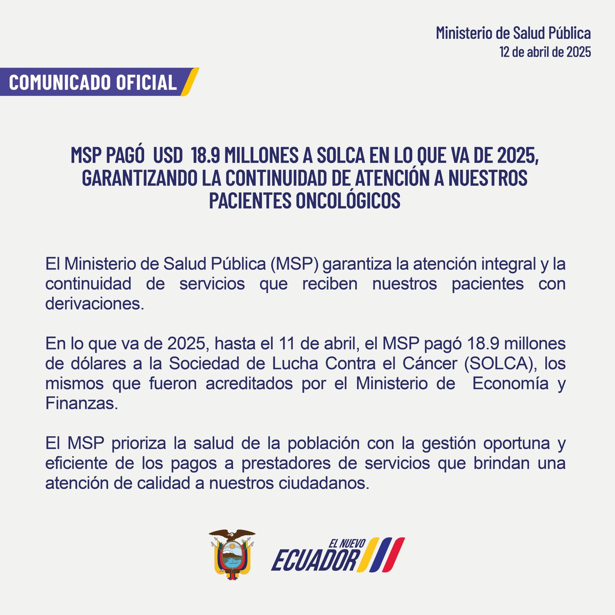 Salud_Ec's tweet photo. COMUNICADO OFICIAL | Informamos a la
ciudadanía que el MSP garantiza la atención integral y la continuidad de servicios que reciben nuestros pacientes con derivaciones. https://t.co/9S59OIVHzj