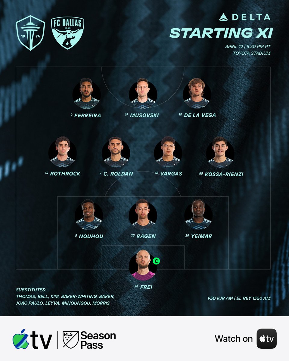 SoundersFC's tweet photo. Tonight's @Delta Starting XI! 🤙
📝 https://t.co/CYCkH4D48G | #DALvSEA https://t.co/fohaPlwQj4