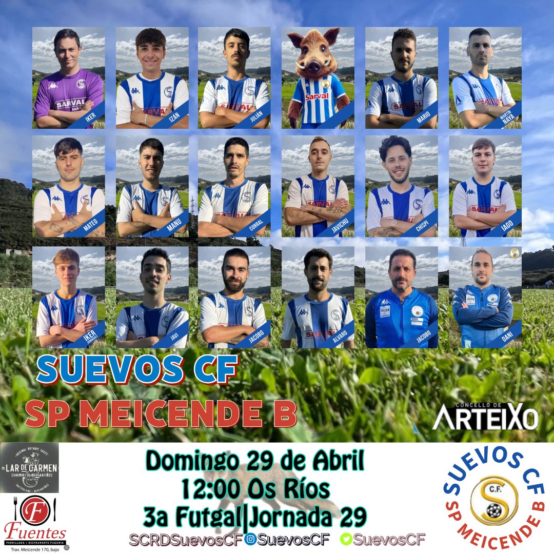 SuevosCF's tweet photo. Sueños días, la lista de chicharrones para esta tarde: 
 
➡️ @spmeicende b 💙vs❤️
📆 13 de abril
🕗 12:00h 
📍Os Ríos
💶 De balde 

 Recordar la guía deportiva imprescindible de hoy: 
🔹15:00 @liverpoolfc vs @westham ➡️ @dazn
🔹18:30 @c.d.mirandes vs @rcdeportivo @DAZN_ES https://t.co/LpXfkGDjPU