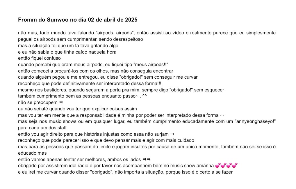 Bom, achamos que não precisávamos comentar sobre uma calúnia lá de 2020, mas

Sobre os comentários em um fórum, eles foram feitos por um colega de classe do Sunwoo, na conta do Sunwoo, quando eles tinham 13 anos. Em 2020, o próprio colega veio a público e esclareceu toda a