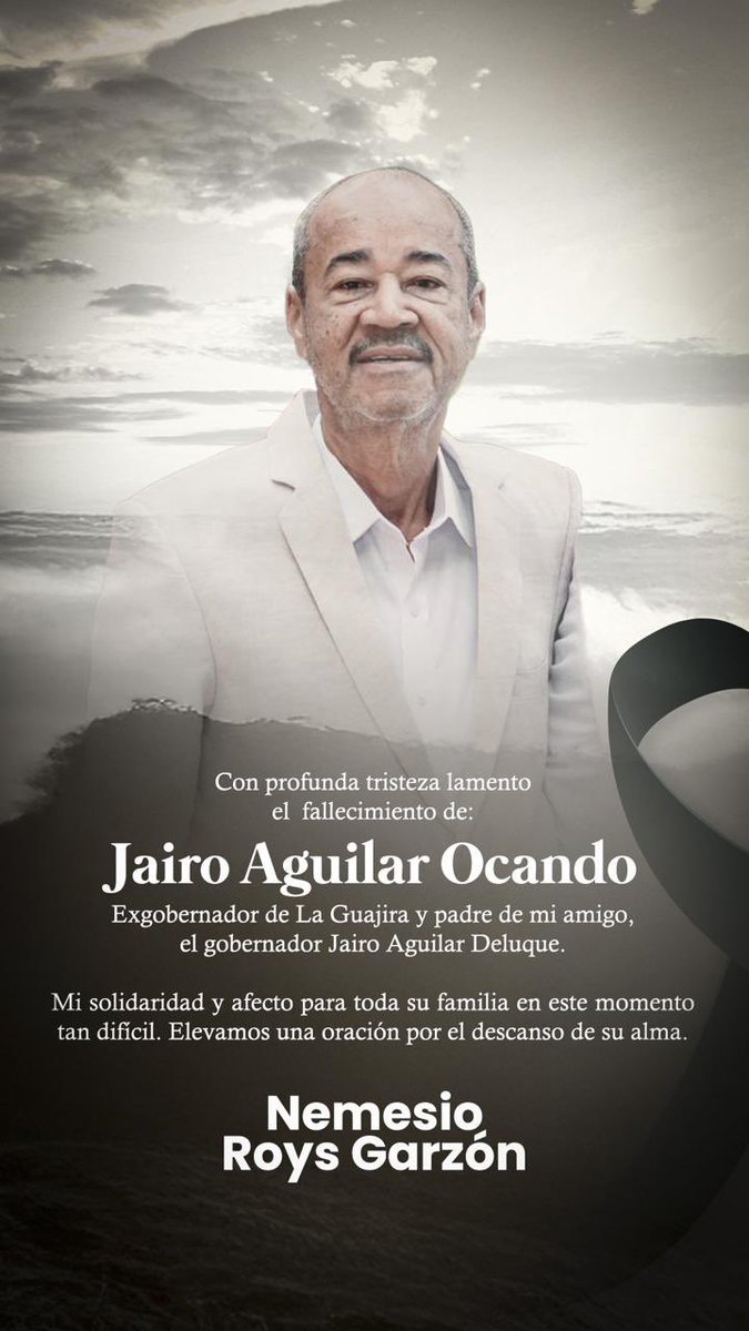 Hoy parte Jairo Aguilar Ocando, exgobernador de La Guajira, gran ser humano y amigo. Acompaño con cariño a su hijo, mi amigo <a href="/jaiaguilar/">Jairo Aguilar</a> , y a toda su familia.
