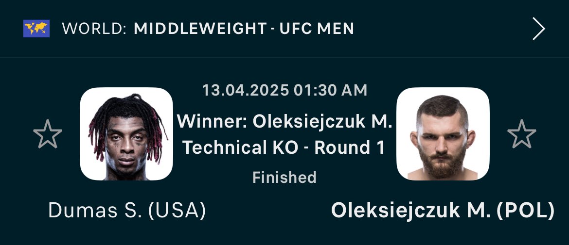 💎𝗨𝗙𝗖 𝟱𝗨 𝗣𝗟𝗔𝗬 #𝟭 𝗖𝗔𝗦𝗛𝗘𝗗

✅Michal Oleksiejczuk by KO/Dec -135 
💰+3.5u 

Sweat free round one win. Too easy!

❤️ Hit 𝐋𝐈𝐊𝐄 - If you 𝐂𝐀𝐒𝐇𝐄𝐃