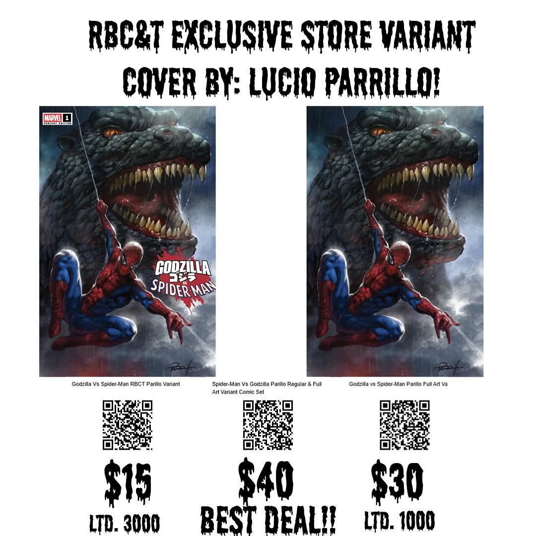up for pre-order....our #godzillavsspiderman #marvelcomics #marvel #godzilla #spiderman #marvel #comics #comicbooks #storeexclusive #supportpocal #supportsmall.  follow the qr codes for purchase options. #lucioparrillo