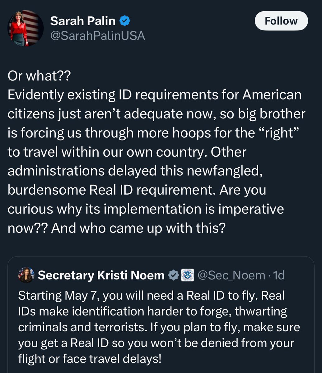 Oh snap….didn’t have Sarah Palin going after <a href="/KristiNoem/">Kristi Noem</a> about the stupid Real-ID thing on my 2025 bingo card and agreeing with her