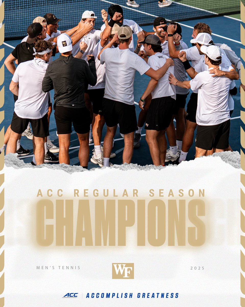 theACC's tweet photo. 𝐇𝐎𝐖 '𝐁𝐎𝐔𝐓 𝐓𝐇𝐄𝐌 𝐃𝐄𝐀𝐂𝐒 🎩

@WakeMTennis are the 2025 ACC Regular Season Champions! https://t.co/bQPzRpv9YT