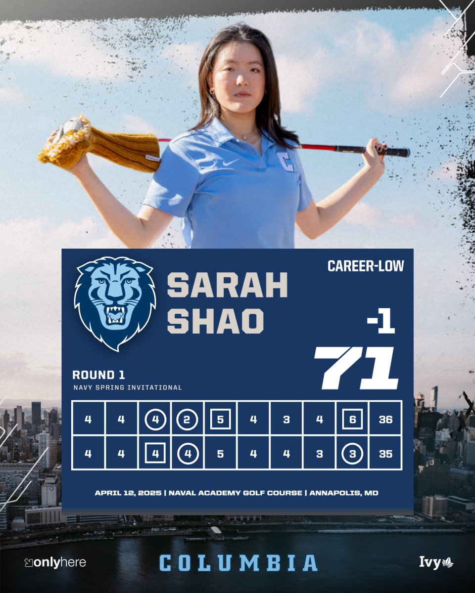 Sarah Shao (-1) shot a collegiate-low 71 and is the co-leader at the Navy Spring Invitational! The Lions are in the thick of it on the team leaderboard, just nine shots back.

📰 Round 1 Recap:
gocolumbialions.com/news/2025/4/12…

#RoarLionRoar 🦁 // #OnlyHere 🗽