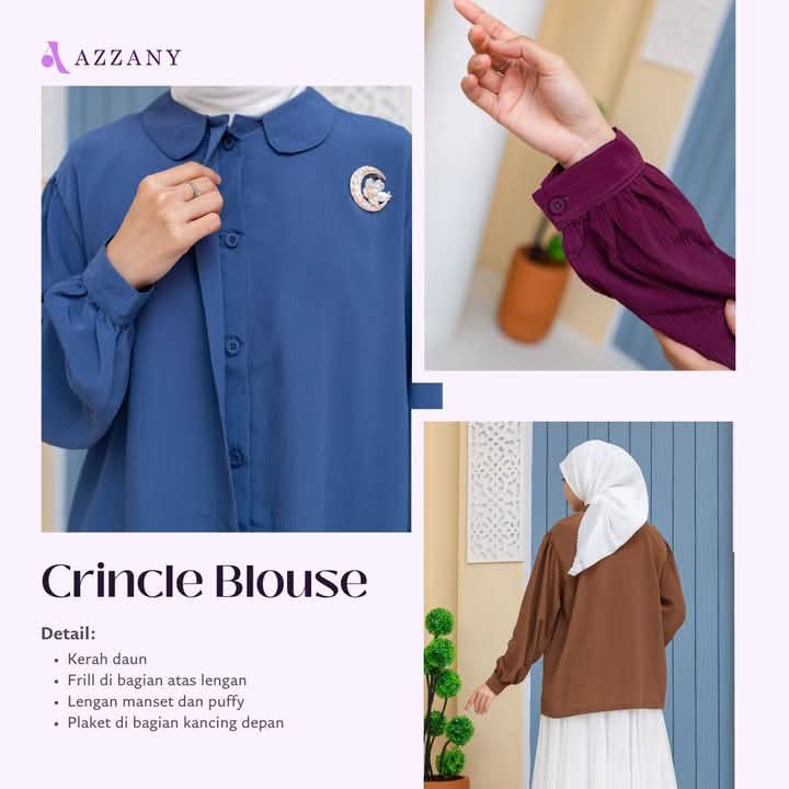 Azzany Crincle Blouse hadir dengan detail kerah daun yang cantik serta menggunakan material crincle halus yang nyaman jika dikenakan sehari-hari

#sorotan #pengikut #zonajajan