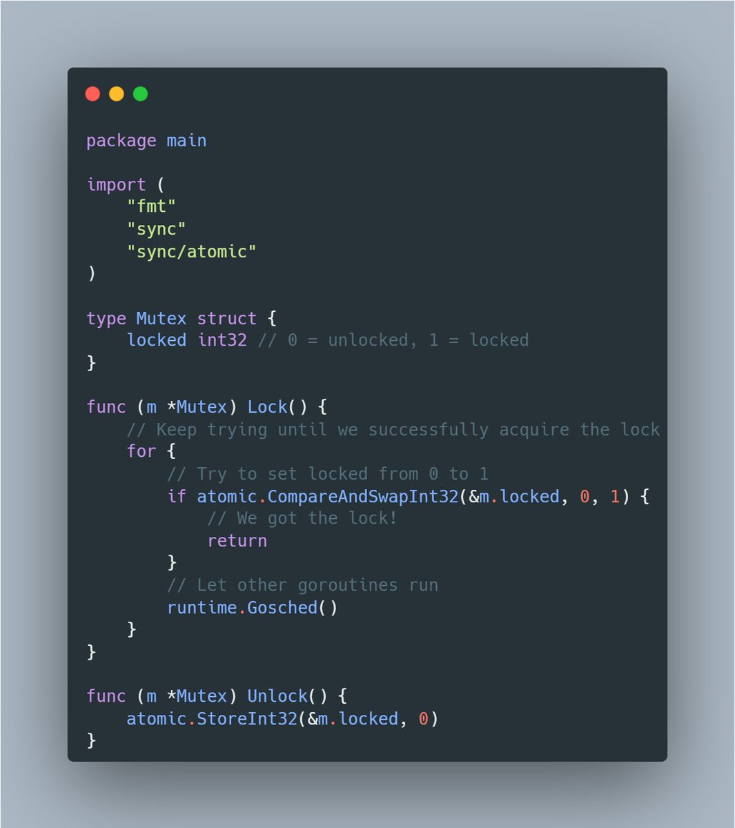 Chikor_Zi's tweet photo. Mutex is a concept that is often confusing but is actually quite simple to understand. A mutex is a synchronization primitive that helps avoid race conditions. 

 If let's say you are processing a directory of files and you decided to store the result of each file in a slice. To avoid goroutines racing into which one writes to the slice, we have to synchronize access to the slice.

A Mutex, which stands for mutual exclusion, has two functions - lock and unlock - and a counter.  

counter = 0 means it's unlocked  
counter = 1 means it's locked 

When the first goroutine arrives, it locks access to the slice by increasing the counter to 1. The next goroutine will enter an infinite loop since the counter is one. And only when the first goroutine sets the counter back to zero can the next one proceed with its operation.  

Essentially, a Mutex makes sure only one execution path is accessing something at the same time, which is useful like you don't want two goroutines writing to the same index position in a slice.  

A semaphore is a mutex with more slots. Mutex is only 1 operator, a semaphore can have any number of slots (sync.WaitGroup in Go uses a semaphore internally). 

I have made an example below of a custom implementation of a mutex: