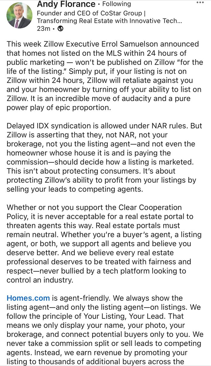 CoStar CEO Andy Florance: Zillow’s new policy (banning private listings from later appearing on Zillow) is anti-homeowner 

“It is an incredible move of audacity and a pure power play of epic proportion” Florance writes