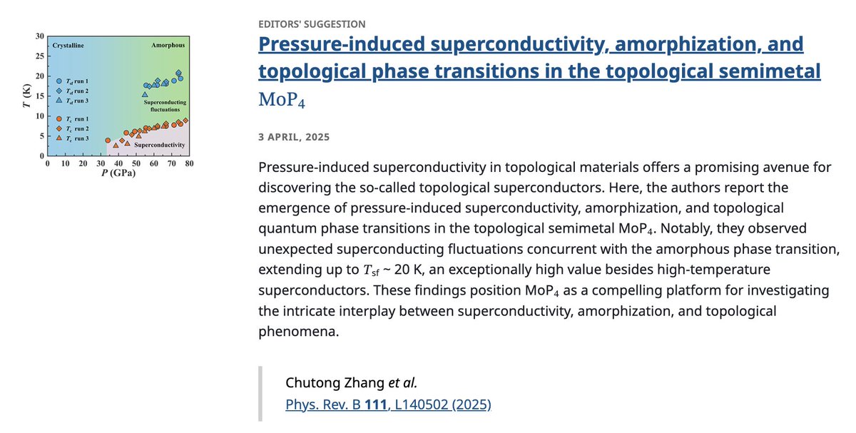 PhysRevB's tweet photo. PRB Editors' Suggestion: Pressure-induced #superconductivity, #amorphization, and #TopologicalPhaseTransitions in the topological #semimetal #MoP4
C. Zhang, X. Xing et al.
Phys. Rev. B 111, L140502
➡️ https://t.co/R6a4RPQlqu
#PRBLetter #EdSugg @APSPhysics #condmat #physics https://t.co/3GnBFf0Scs