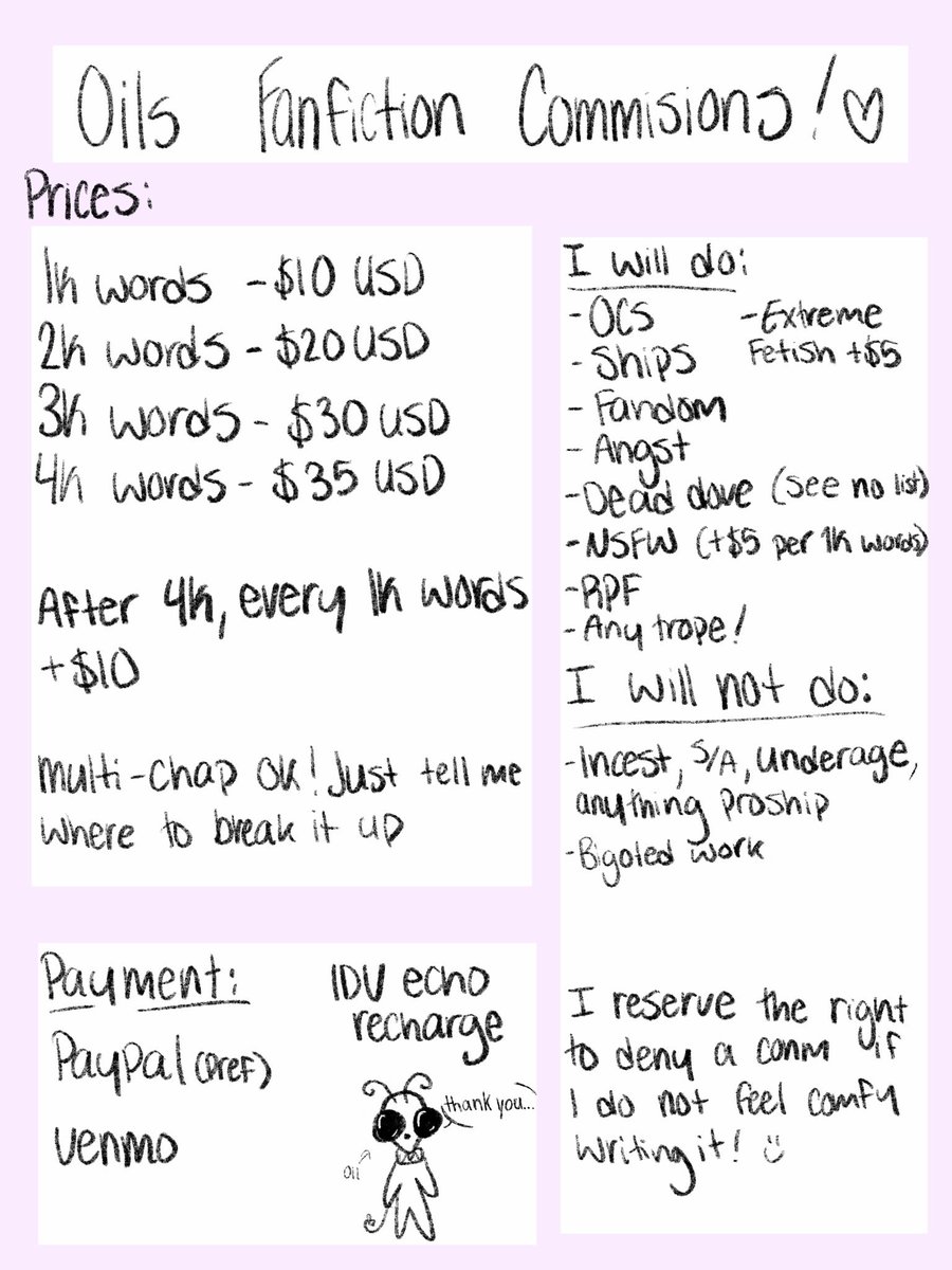 marshma110w_'s tweet photo. my comm sheet!! examples can be found on my ao3, and i have a few non posted ones that are sfw that i can send via dms. 

rts appreciated!! im trying to go back to school and get a degree so any profits will go towards that 🩷 https://t.co/hv4YT6DOHc