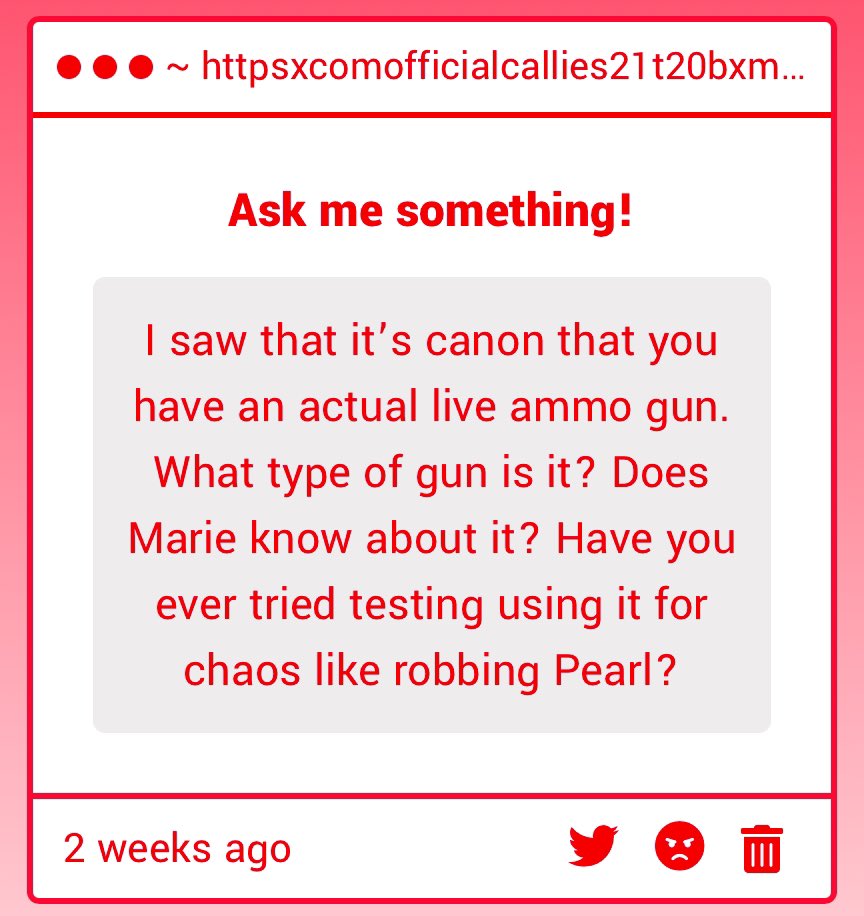 OfficialCallie_'s tweet photo. It’s an MP5- I mean no I would never have a gun! What a strange question.

Also robbery is soooo pitiful, I wouldn’t be caught doing that. Pearl is high security too, not to mention Marina’s machinery… yeah no. https://t.co/HjrSjc9Blr