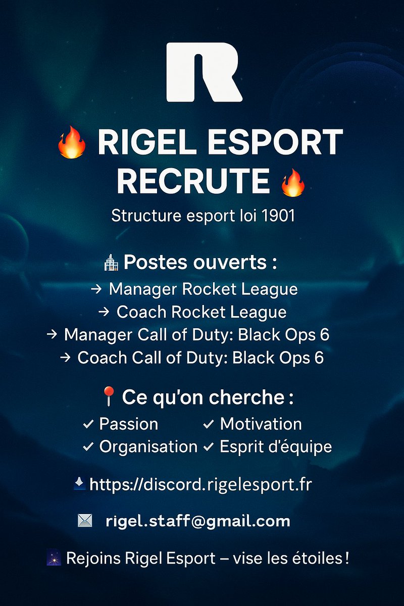 Rigel_Esport's tweet photo. We need you ! 🫵
La Rigel Esport relance son recrutement de Coachs et de Managers pour Call of Duty et Rocket League !
Si tu es prêt à rejoindre l'aventure, c'est par ici 👇
https://t.co/4r1PbFf22k
#LookingForStaff #recrutement #esport @Cherche1Equipe https://t.co/mi7dX7YkUz