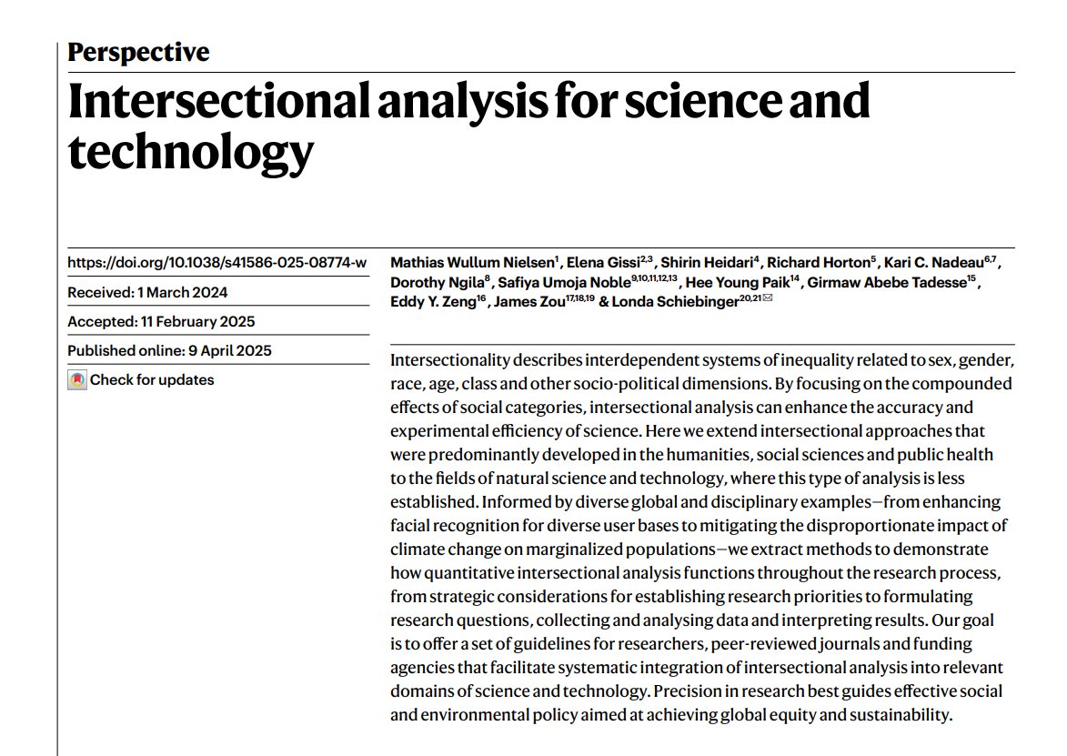 NEW Nature Perspective: Intersectional Analysis for Science and Technology. Enhances precision in research that best guides global equity and sustainability.