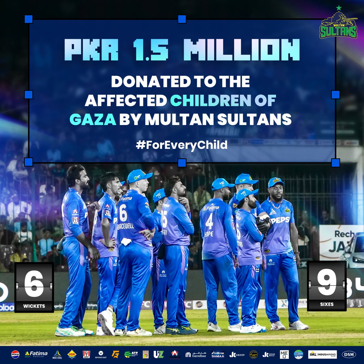 MultanSultans's tweet photo. Fulfilling our promise - Multan Sultans donated PKR 100,000 for every six hit and every wicket taken by the Sultans tonight! https://t.co/4OfHg1TNai
