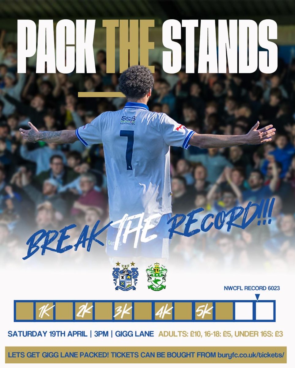 buryfcofficial's tweet photo. 1️⃣ Last game. 1️⃣ Point needed. 1️⃣ Final push. 

Be #PartOfIt, Pack the stands and help us break the NWCFL attendance record as we look to secure the Premier Division Title 🏆

Tickets for the Main Stand and Cemetery End are available now

https://t.co/x8mIuY5zNd

#BuryFC https://t.co/YdIK1DcxbA