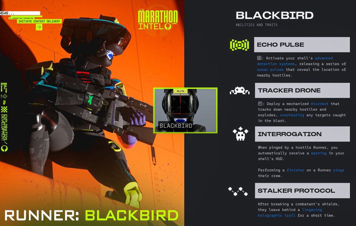 ‼️BLACKBIRD ABILITIES

- ECHO PULSE [Q]: Activate your shell’s advanced detection systems, releasing a series of sonar pulses that reveal the location of nearby hostiles.
- TRACKER DRONE [F]: Deploy a mechanized microbot that tracks down nearby hostiles and explodes, overheating