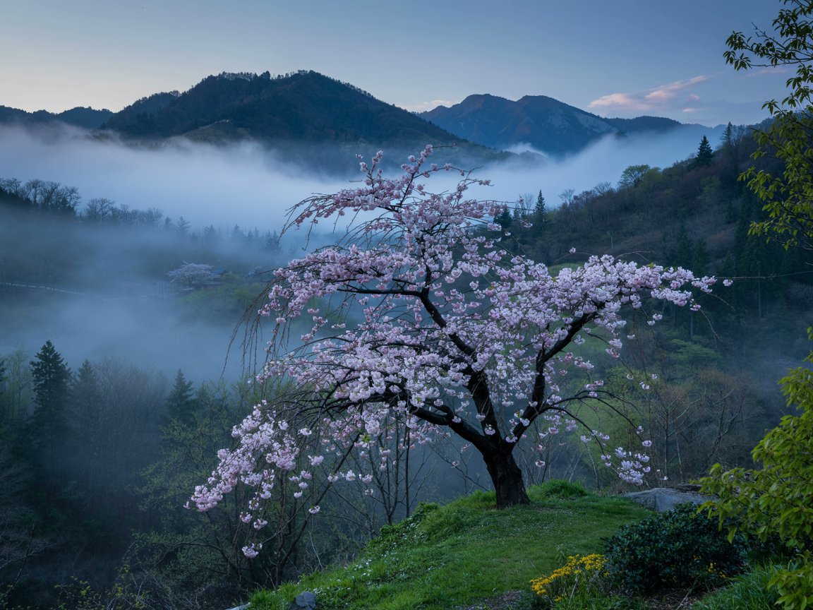 chillbird83's tweet image. Mist rolls through the mountains as cherry blossoms quietly bloom — nature’s poetry in soft pink and blue. 🌸✨ #SpringVibes #NatureLovers #JapanInBloom