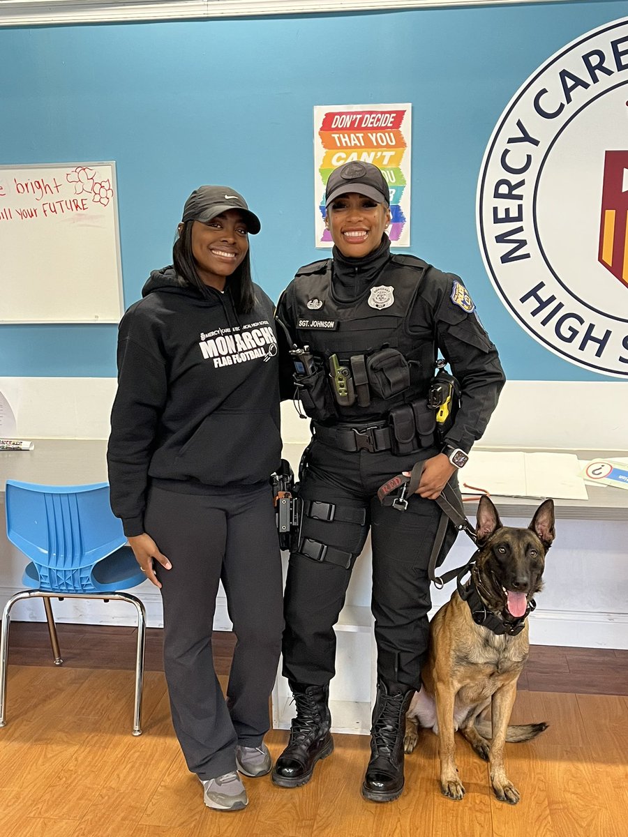 PPDCanineUnit's tweet image. Yesterday @PhillyPolice Sgt Johnson, K9 Red, and P/O Vargas were invited to career day at Mercy Career & Technical H.S. The students were engaged and many stated they wanted to pursue a career in Law Enforcement after college 🫡