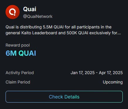 Hope you are not sleeping on $QUAI rewards dropping next week 

<a href="/QuaiNetwork/">Quai Network ⚡️💵</a> is a Proof of Work L1 built to solve crypto’s biggest issue: scalability, without sacrificing decentralization

Their campaign ends on the 17th, still time to yap and climb those leaderboards