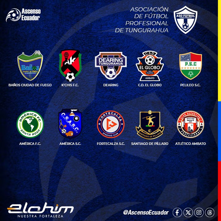 ASCENSO PROVINCIAL TUNGURAHUA.

✔️Los clubes participantes en la provincia de Tungurahua para la temporada 2025.

🔜 Un total 10 clubes participarán.

#AscensoEcuador #ElohimSport