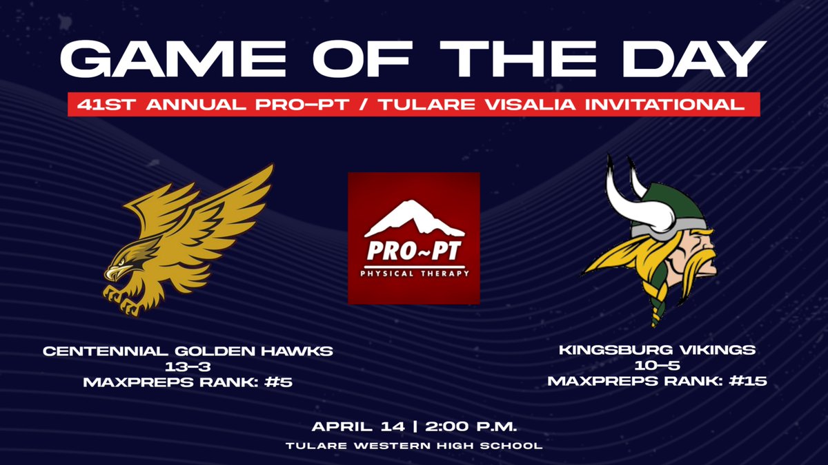 41st Annual Pro-Pt / Tulare-Visalia Invitational (@playballtulare) on Twitter photo Day 1 of the 41st Annual Pro-PT is HERE!
12 GAMES across three sites today!
Our Game of the Day features a HUGE matchup:
MaxPreps #5 <a href="/CentennialHawks/">Centennial High</a> (13-3, 1st SYRL) vs. MaxPreps #15 <a href="/KHSBaseball_1/">Kingsburg Vikings Baseball</a> (10-5, 1st Tri-County, Back-to-Back D3 Section Champs) Day 1 of the 41st Annual Pro-PT is HERE!
12 GAMES across three sites today!
Our Game of the Day features a HUGE matchup:
MaxPreps #5 <a href="/CentennialHawks/">Centennial High</a> (13-3, 1st SYRL) vs. MaxPreps #15 <a href="/KHSBaseball_1/">Kingsburg Vikings Baseball</a> (10-5, 1st Tri-County, Back-to-Back D3 Section Champs)