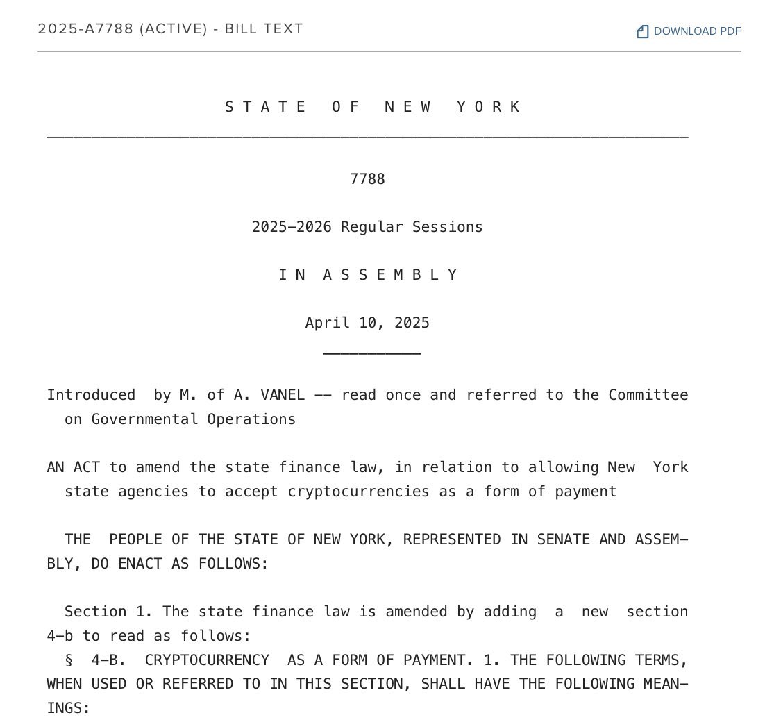 NEW YORK BILL INTRODUCED TO ALLOW FOR ACCEPTING BITCOIN AND CRYPTO  PAYMENTS! Great leadership by @clydevanel!