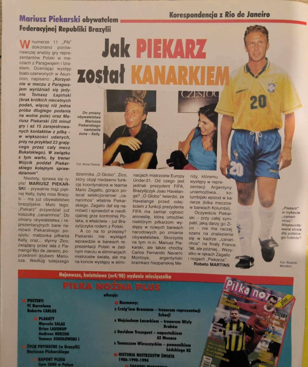 Tygodnik Piłka Nożna (13/98). Żart na 1 kwietnia, Mario Piekario w kadrze Brazylii
<a href="/pn20lat/">PN 20 lat temu</a> <a href="/retrofutbol_pl/">Retro Futbol.pl</a> <a href="/Retro_Legia/">Retro Ⓛ</a> <a href="/Jagiellonia1920/">Jagiellonia Białystok</a>  <a href="/CBF_Futebol/">brasil</a> <a href="/Piekarski_M/">Mariusz Piekarski</a>