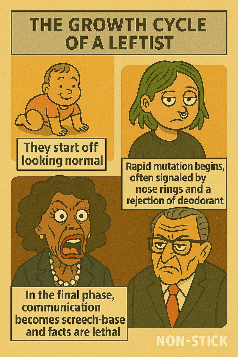 RealNonStick's tweet photo. “Science still hasn’t found a cure for this transformation.”#NonStickSatire  
#LeftistLogic  
#LiberalEvolution  
#ClownWorld  
#ModernPolitics  
#SatireStrip  
#TriggeredYet  
#WokeToBroke https://t.co/faN6MrKZJx