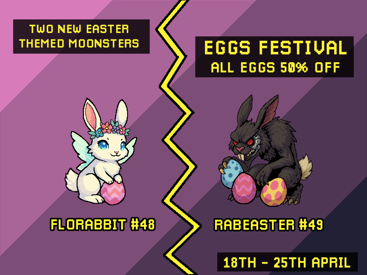 🐣 EGGS FESTIVAL is coming to <a href="/base/">Base</a> 🐣

Starting April 18, two new Easter-themed Moonsters will enter the game – and they couldn’t be more different 👀

✨ Florabbit #48 – the Spring Fairy and protector of Easter. She watches over Moonster eggs, making them hatch faster and