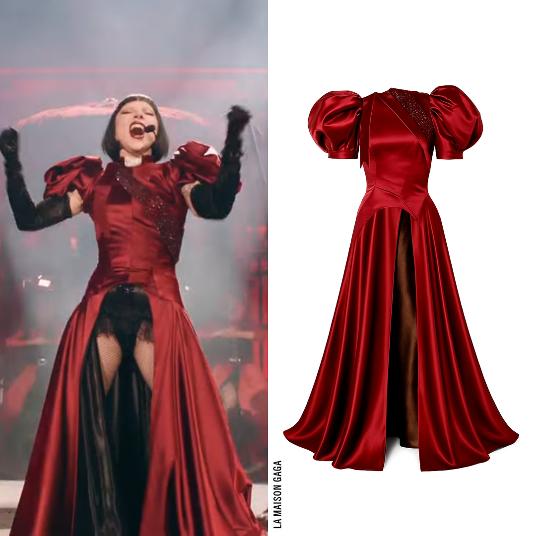 Lady Gaga removed the velvet layer to reveal this custom #SethPratt crimson  satin dress with crystal-embellished sash, tie detail on the shoulder and  puff sleeves!