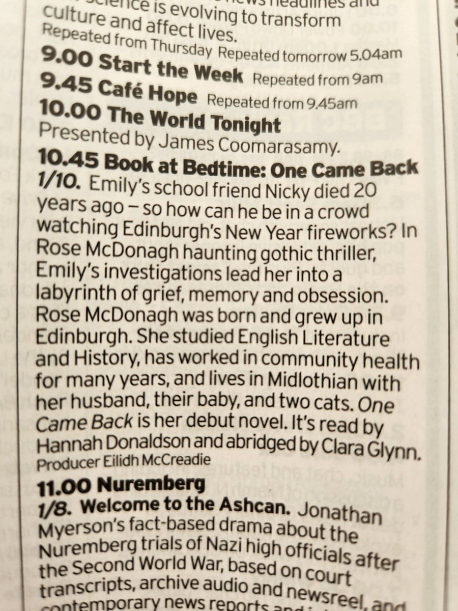 Very exciting to see this in the Radio Times this week - One Came Back, Book at Bedtime, episode 1 of 10, Monday 14th April! #debutnovel <a href="/BBCRadio4/">BBC Radio 4</a>