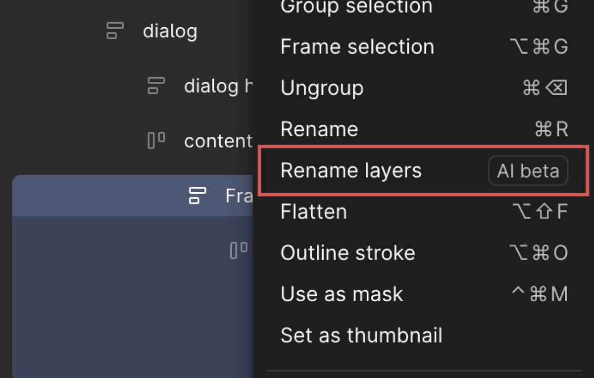 ryosuke97's tweet photo. Figma の新しく追加された"Rename layers"
階層の命名規則決まってない（決めてる場合じゃない）チームにおいてはひとまずそれっぽく名前つけてくれて、検討事項減らしてくれるしそういう名前の付け方も良いなと思うこともあるので地味に便利ですね 👀 https://t.co/nkBPwbRDTt