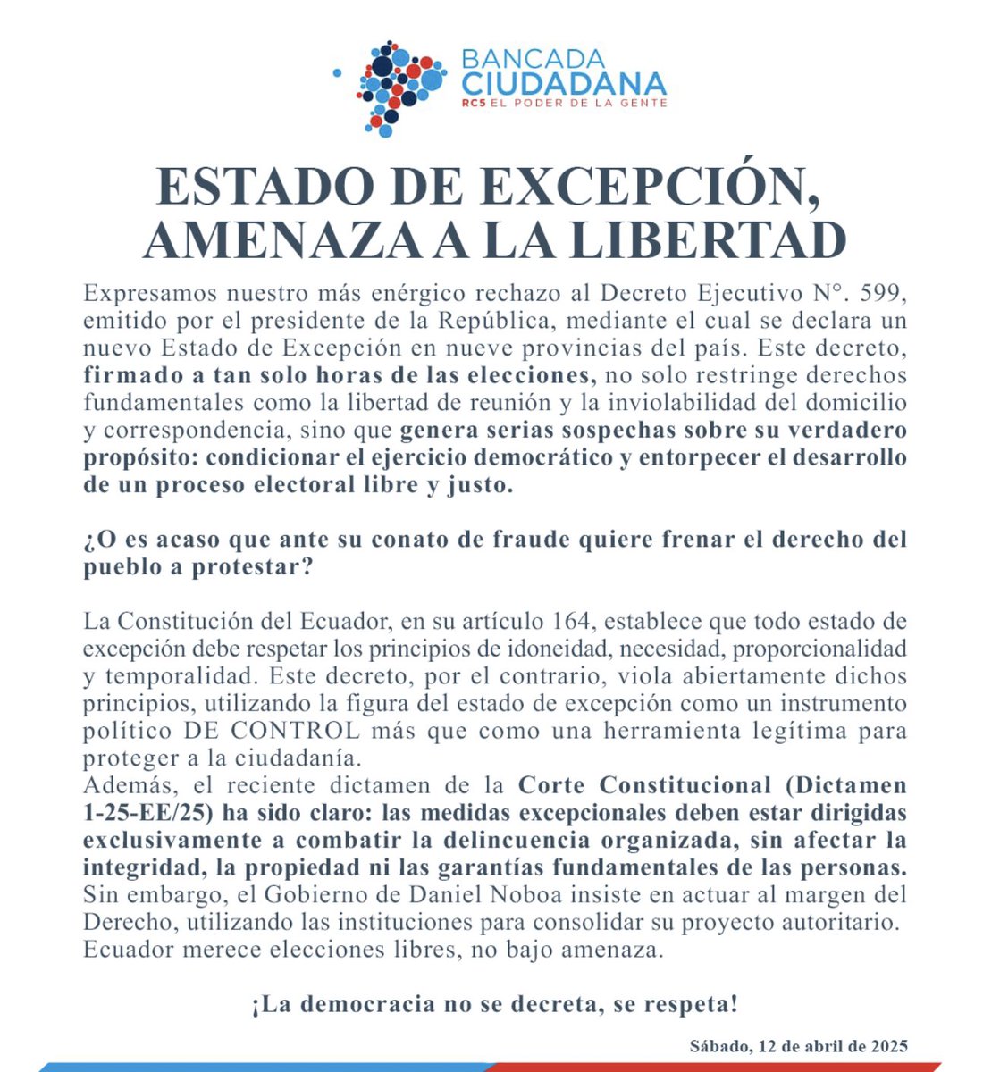 BancadaRC5's tweet photo. 🚨 URGENTE | El dictamen de la @CorteConstEcu ha sido claro: las medidas excepcionales deben estar dirigidas exclusivamente a combatir la delincuencia organizada, sin afectar la integridad, la propiedad ni las garantías fundamentales de las personas, entonces, ¿por qué el nuevo Decreto de Estado de Excepción?

¿O es acaso que ante el conato de su fraude, @DanielNoboaOk, quiere frenar el derecho del pueblo a protestar?