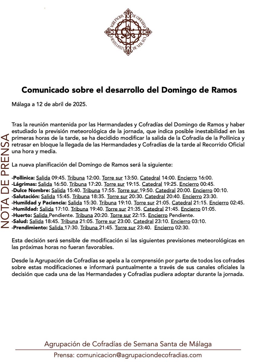 ‼️ Comunicado oficial del Domingo de Ramos

Se acuerdan nuevos horarios debido a las previsiones meteorológicas
#CofradiasMLG