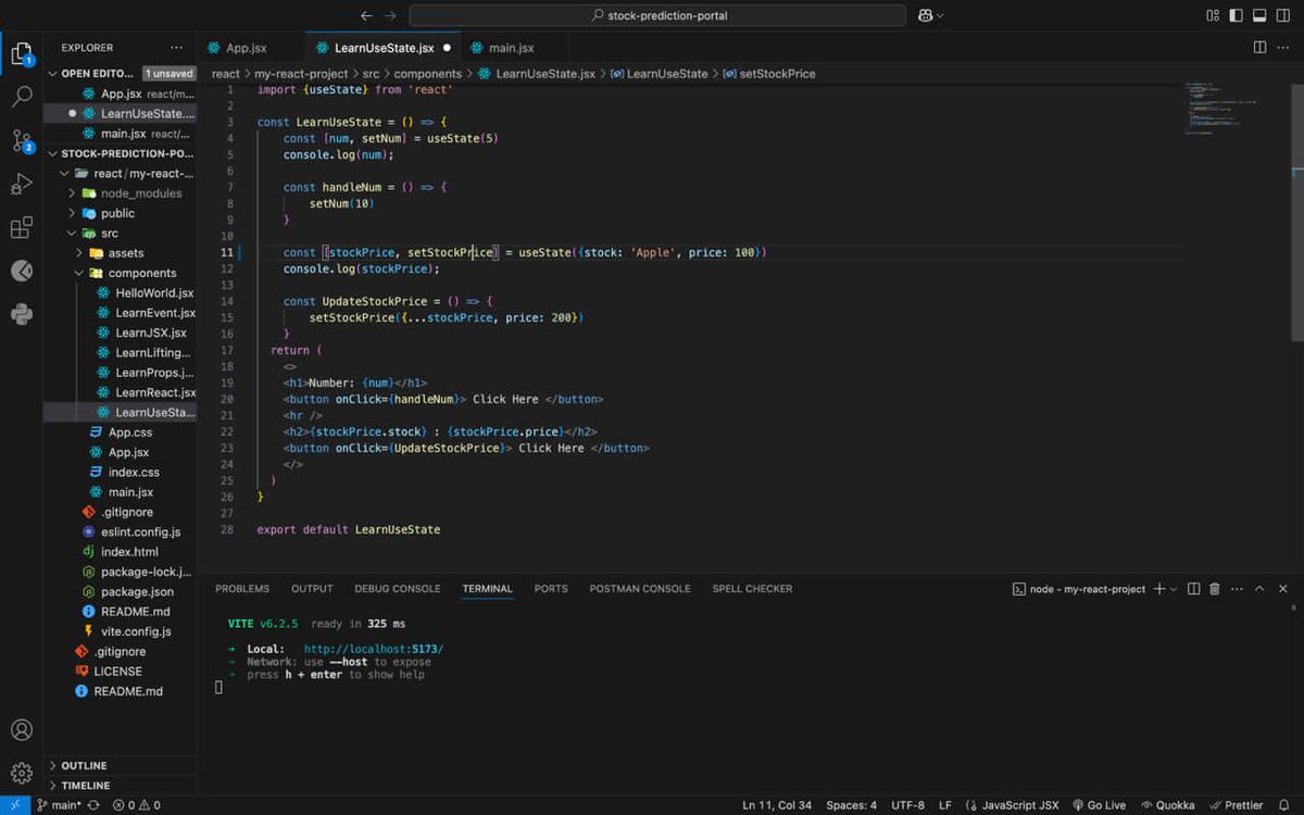 realasile's tweet photo. Today, I focused on understanding React State and how to manage it effectively using Hooks.
Next up: Iβll be building a Counter App to solidify my understanding of state in React.
#ReactJS #FrontendDevelopment #BuildInPublic #StockPrediction #AsileBuilds #WebDevelopment https://t.co/nm1r1JAL3V
