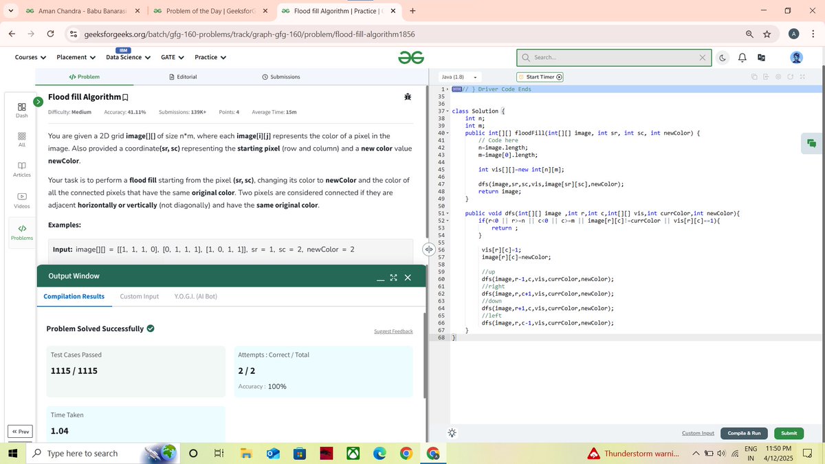 amanchandra___'s tweet photo. 🎯 @geeksforgeeks 160 Days of Problem Solving Challenge
✅ Day 145 of the #gfg160 challenge completed!

Problem of the Day : Flood fill Algorithm

#gfg160 #geekstreak2024 #problemsolving #codingchallenge #potd #gfg #geeksforgeeks #codingstreak #DSA https://t.co/KTwQVHu0ML