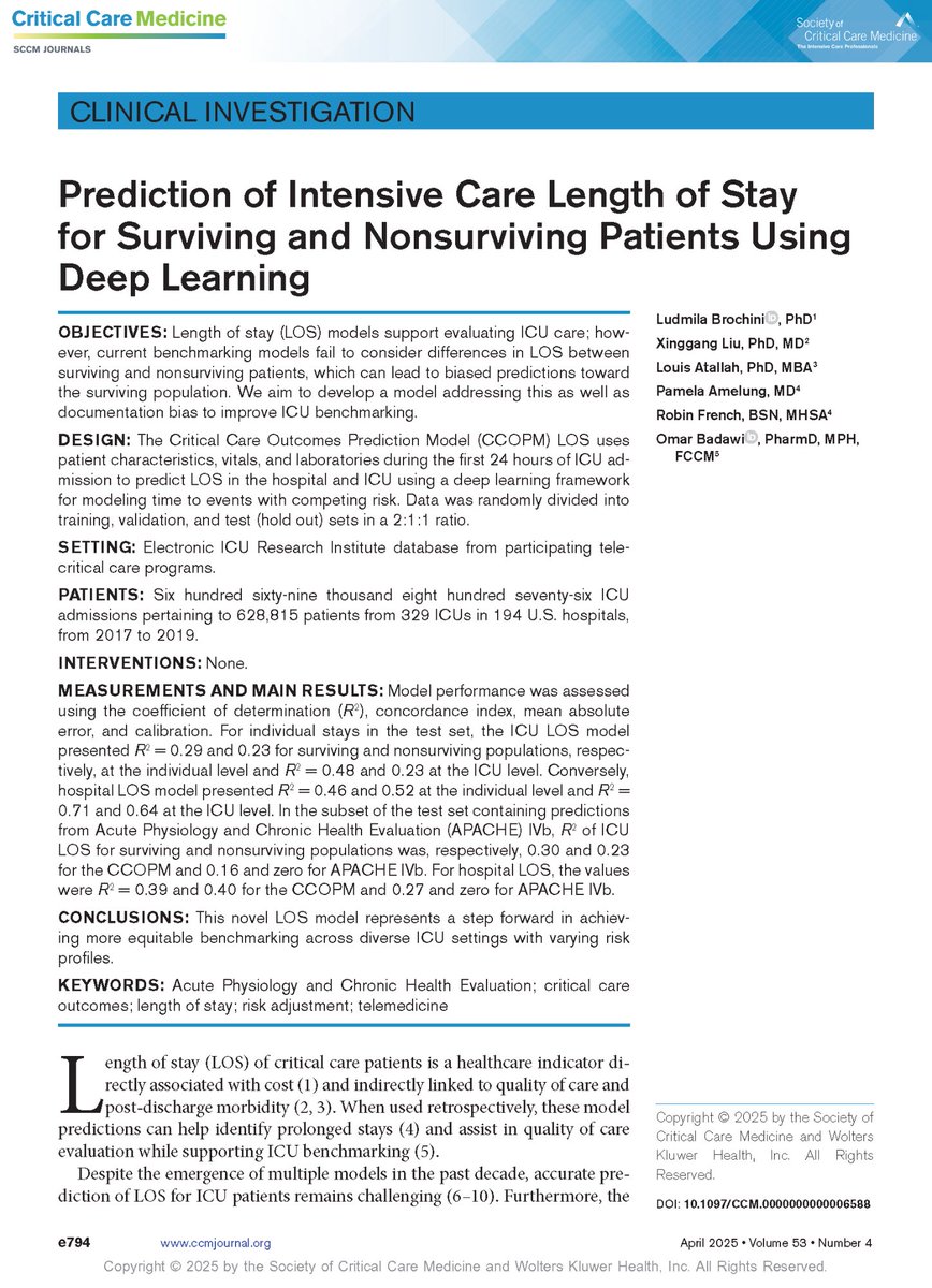 💡 A new length of stay (LOS) model that uses deep learning is a step toward more equitable benchmarking across diverse ICU settings with varying risk profiles.

Read the original research from CCM: bit.ly/3EpYsfQ

#SCCM #CritCareMed <a href="/SCCM/">SCCM</a>