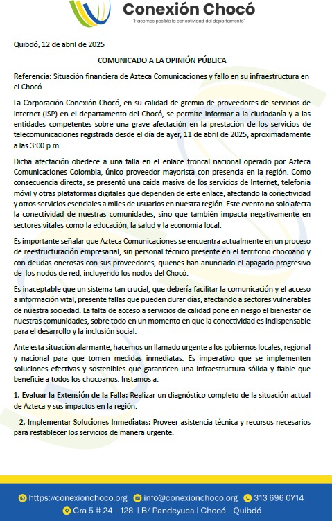 conexionchoco's tweet photo. @JulianRMolinaG @WilliamYeffer @GobChoco @Ministerio_TIC Ministro es urgente unir esfuerzos para encontrar soluciones definitivas. Azteca hoy no está en condiciones de resolver la situación y podríamos pasar días o semanas en el Chocó totalmente desconectados del mundo. https://t.co/2sCJaTpBQM