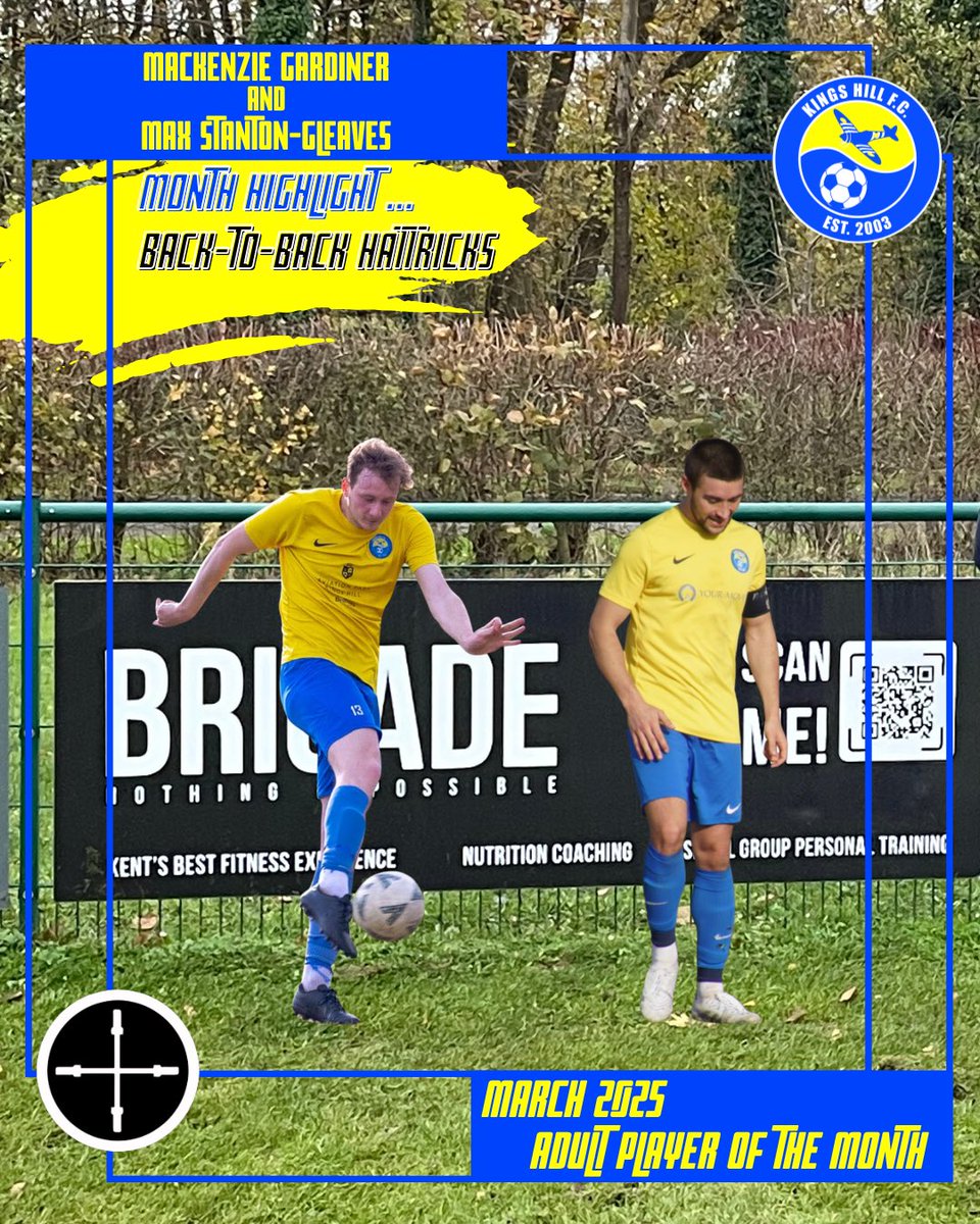 🏆 Adult POTM - March 2025 🏆

With 2 outstanding stat lines both Macca and Max Stanton-Gleaves are joint winners of the Brigade Fitness Adult POTM - Macca with 8 goals &amp; 2 assists and Max with 7 goals &amp; 3 assists, both scored back to back hat tricks to kick off the month!

🟡🔵