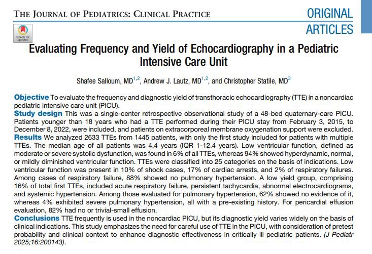 cabanam's tweet image. This month in the Journal of #Peds: ClinPractice, Salloum et al. report a retrospective study to evaluate the frequency and diagnostic yield of transthoracic #echocardiography (TTE) in a noncardiac pediatric intensive care unit (#PICU).  See:  lnkd.in/es34HRyv @SamirShahMD