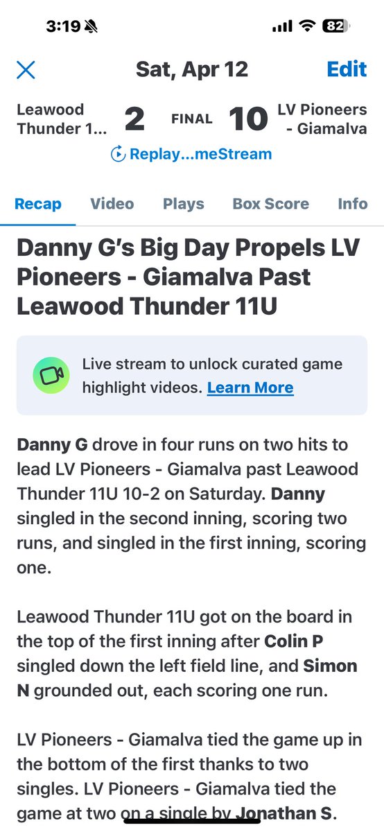 LVPioneersGiam's tweet photo. The boys added 2 more W’s to the win column today. Andrew pitched another gem w/ 1BB 6Ks &amp; 2 earned runs. Danny had 10 RBIs on the day. Ethan hit his first HR of his career, and took out a windshield in the process. https://t.co/6UTjI4vrfb