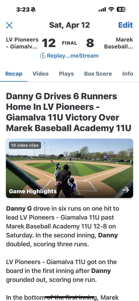 LVPioneersGiam's tweet photo. The boys added 2 more W’s to the win column today. Andrew pitched another gem w/ 1BB 6Ks &amp; 2 earned runs. Danny had 10 RBIs on the day. Ethan hit his first HR of his career, and took out a windshield in the process. https://t.co/6UTjI4vrfb