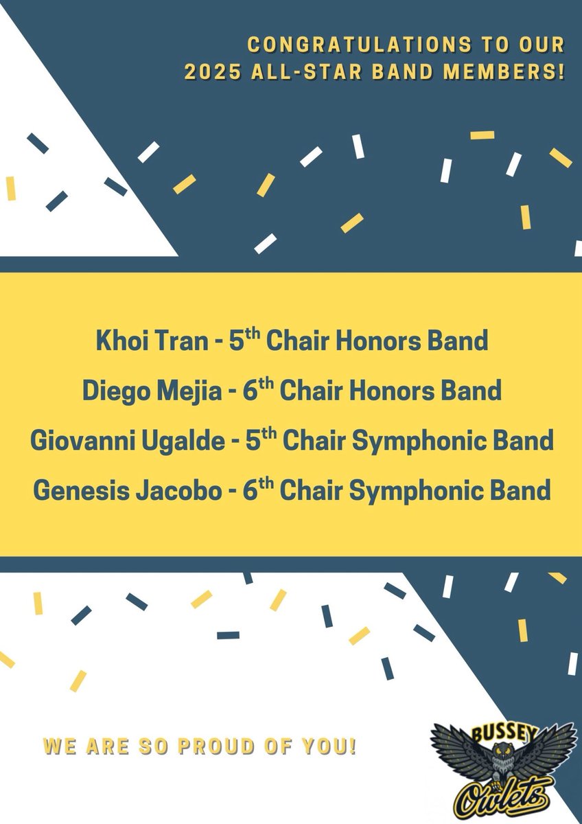 Several of our 6th grade band members participated in the GISD All Star contest, where they auditioned against other students in the district. 4 of our students earned a spot in the GISD All Star band! Congratulations! Your hard work paid off, and we are proud of you!