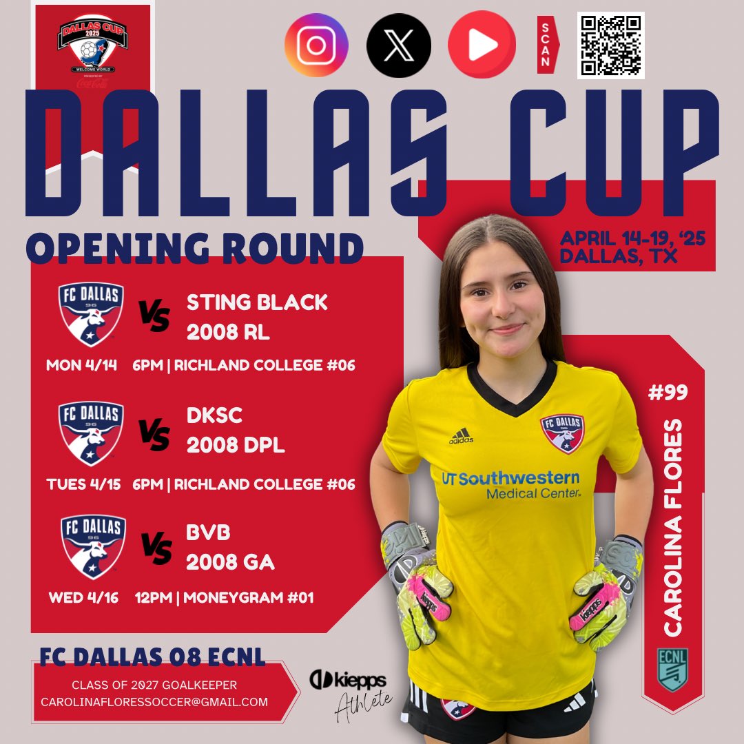 Schedule is set 🤙
See y’all Monday night!

<a href="/dallascup/">Dallas Cup ⚽️</a> <a href="/FCDGirlsECNL/">FC Dallas Girls ECNL</a> <a href="/FCDallas08gECNL/">FC Dallas 2008G ECNL (U17)</a> <a href="/ECNLgirls/">ECNL Girls</a> <a href="/ImCollegeSoccer/">College Soccer Truth ™</a> <a href="/ImYouthSoccer/">ECNL/GA/Recruiting/College Soccer</a> <a href="/USLWLeague/">USL W League</a> <a href="/SA_Athenians/">San Antonio Athenians SC</a> <a href="/PrepSoccerTX/">Prep Soccer Texas</a> <a href="/PrepSoccer/">Prep Soccer ⚽️</a> <a href="/grtorres/">Guilherme Torres</a> <a href="/TopDrawerSoccer/">TopDrawerSoccer</a> <a href="/TheSoccerWire/">SoccerWire</a>