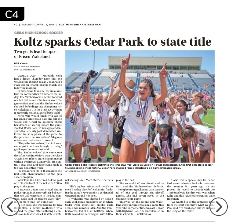 For <a href="/CedarParkHigh/">Cedar Park High School</a> soccer guns, this is what our electronic paper likes like today. Congrats from <a href="/statesman/">Austin Statesman</a> for winning <a href="/uiltexas/">Texas UIL</a> state championship #centexpreps