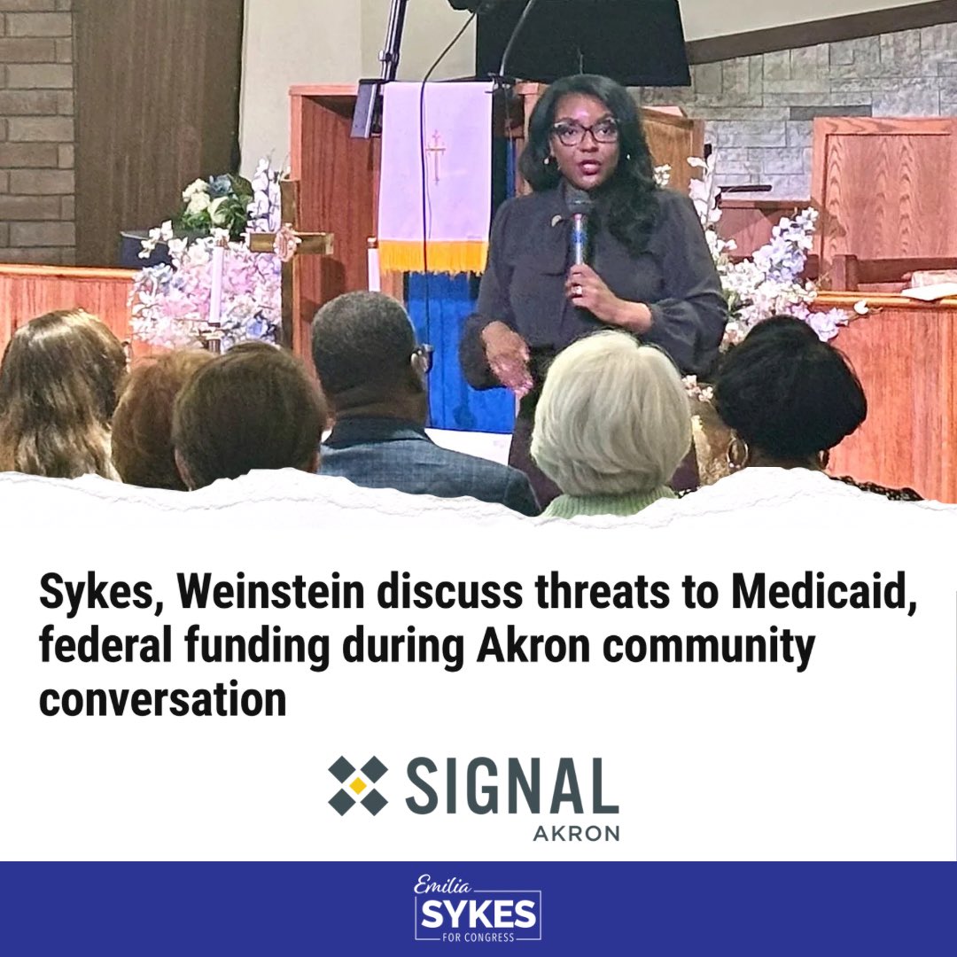 EmiliaSykesOH's tweet photo. As your Congresswoman, I always appreciate hearing from people in our community. Great to be in Akron the other week with Senator Weinstein for a town hall to discuss what is happening in Congress and how Iโm working to defend Medicaid, Medicare, and Social Security. #iWorkForYou https://t.co/NtbBWZfqzI